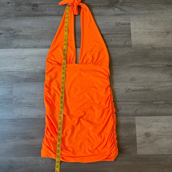 Neon Orange Halter Mini Dress Bodycon Ruched Bright Party Medium - Picture 9 of 12